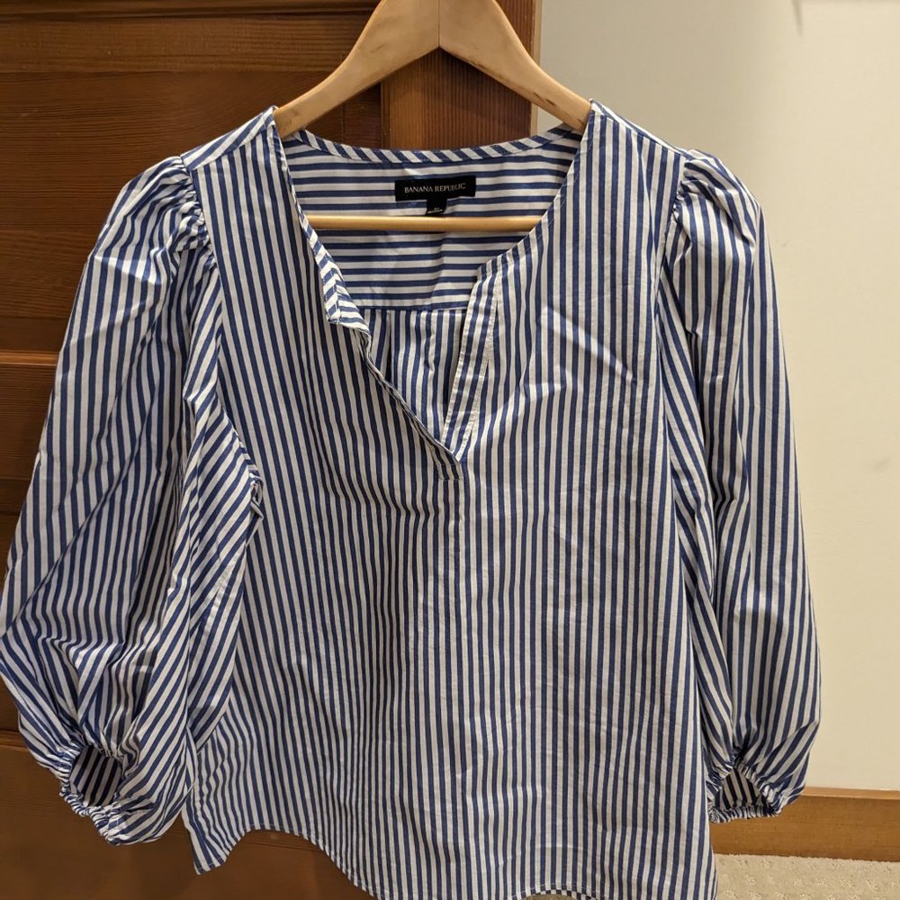 Banana Republic Striped Poplin Puff-Sleeve Blouse Size Medium